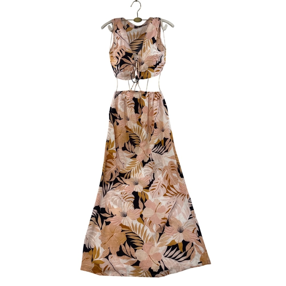 Volcom Womens Tropical Floral Two Piece Maxi Set Crop Top Skirt Peach XS 0/2